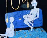 a painting of a nude woman sitting on a blue couch